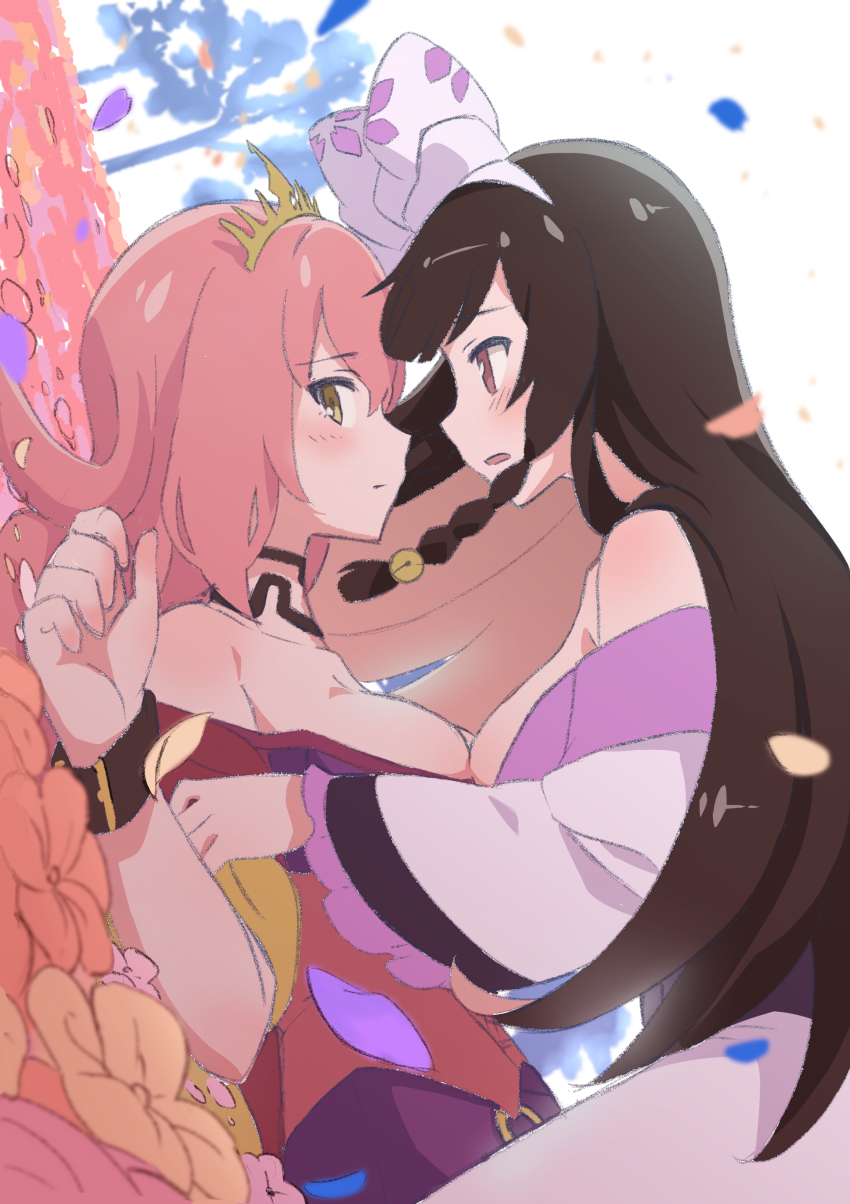 2girls absurdres akechi_mitsuhide_(sengoku_collection) blush bow_hairband breasts brown_hair cleavage closed_mouth commentary_request dutch_angle falling_petals flower hairband highres japanese_clothes kimono large_breasts long_hair lying multiple_girls oda_nobunaga_(sengoku_collection) on_back orange_flower parted_lips petals pink_hair pinned purple_hairband purple_kimono red_eyes sengoku_collection straddling tiara tree x3_xy3_(jtsu4377) yellow_eyes yellow_flower yuri