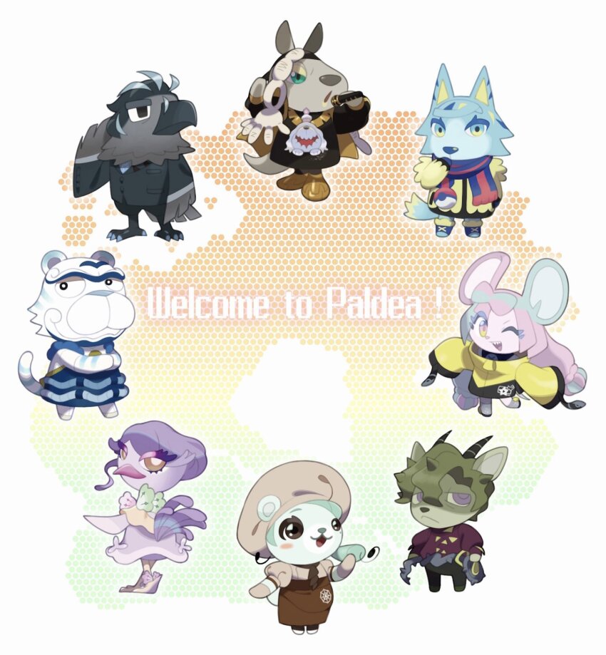 4boys 4girls animal_crossing_(style) animal_ears apron ascot asymmetrical_hair beak beard bird bird_boy bird_girl bird_tail blue_apron blue_eyes blue_fur blue_scarf bow-shaped_hair brassius_(pokemon) brown_ascot brown_eyes brown_skirt chef_hat colored_eyelashes dreadlocks eagle english_text facial_hair feathers furrification furry furry_female furry_male goat_boy goat_ears goat_horns greavard green_eyes green_fur green_hair grey_eyes grey_feathers grey_fur grusha_(pokemon) hair_between_eyes hat highres holding horns iono_(pokemon) jacket jewelry kangaroo_ears kangaroo_girl katy_(pokemon) kofu_(pokemon) larry_(pokemon) light_green_hair long_hair long_sleeves low-tied_long_hair makeup microphone mouse_ears mouse_girl multicolored_hair multiple_boys multiple_girls nintendo no_eyebrows one_eye_closed open_mouth ostrich oversized_clothes pants poke_ball_print pokemon pokemon_(creature) pokemon_sv purple_feathers purple_hair ryme_(pokemon) scarf shirt short_hair single_sidelock skirt sleeves_past_fingers sleeves_past_wrists spider_web_print split-color_hair squirrel_ears squirrel_girl squirrel_tail streaked_hair striped_clothes striped_scarf tail thick_eyelashes tiger_boy tiger_ears tiger_tail tulip_(pokemon) two-tone_hair two-tone_scarf unibrow very_long_sleeves white_fur wolf_boy wolf_ears wolf_tail yarkham_asylum yellow_jacket