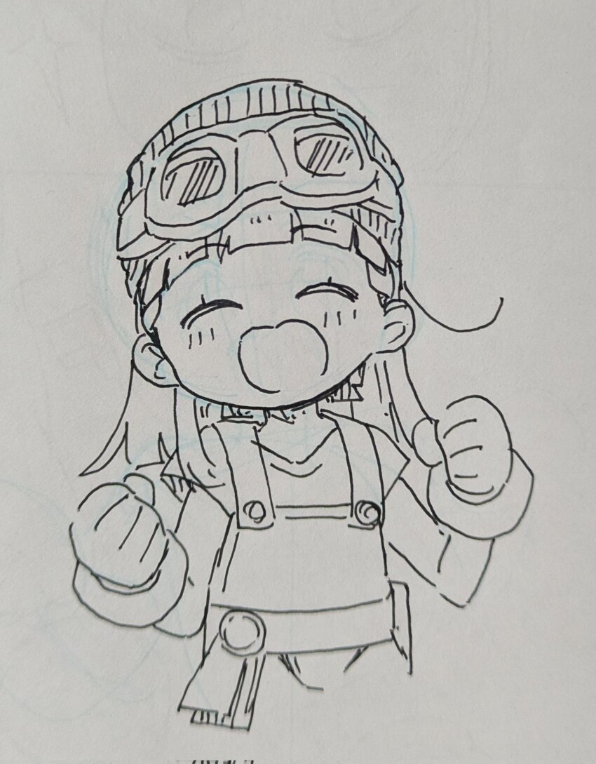 1girl :d ^_^ blunt_bangs blush braid clenched_hands closed_eyes commentary_request corrupted_twitter_file facing_viewer goggles goggles_on_head greyscale hatching_(texture) highres kachimachi_kosuzu linear_hatching lineart link!_like!_love_live! love_live! massigura monochrome open_mouth overalls pen_(medium) side_ahoge side_braids smile solo traditional_media virtual_youtuber
