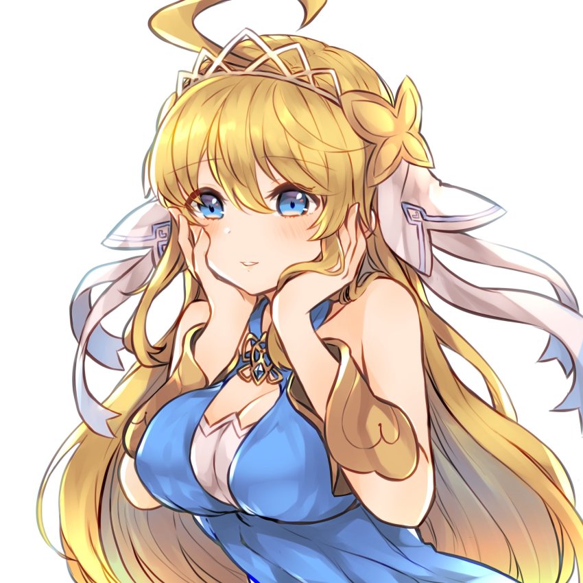 1girl ahoge bare_shoulders blonde_hair blue_eyes blush breasts cleavage cygames dragalia_lost hair_ornament hair_ribbon hands_on_own_face highres jewelry large_breasts long_hair nintendo parted_lips po_pooch ribbon solo tiara upper_body white_background zethia