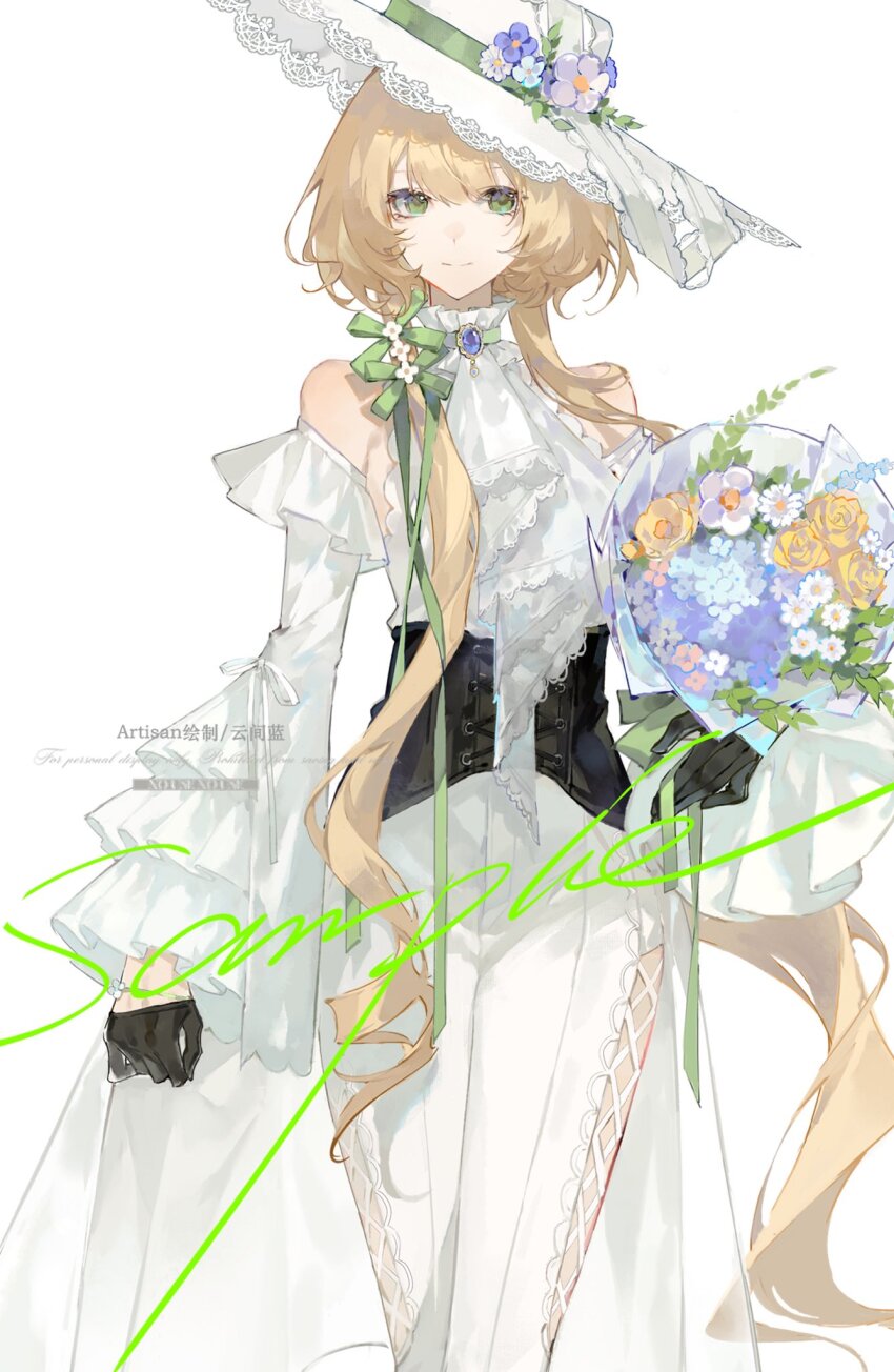 1girl ascot bare_shoulders black_ascot black_gloves blonde_hair blue_brooch blue_flower bouquet bow closed_mouth commentary commission cowboy_shot cross-laced_clothes cross-laced_dress daisy detached_sleeves dot_nose dress eyelashes flower frilled_dress frilled_sleeves frills gloves green_bow green_eyes hair_between_eyes hair_bow hair_flower hair_ornament half_gloves hat hat_flower highres holding holding_bouquet lace-trimmed_headwear lace_trim long_dress long_hair long_sidelocks long_sleeves looking_at_viewer original purple_flower ribbon rose sample_watermark side_slit sidelocks simple_background sleeve_ribbon sleeveless sleeveless_dress smile solo sun_hat turtleneck turtleneck_dress very_long_hair watermark wavy_hair white_ascot white_background white_dress white_flower white_hat white_ribbon white_sleeves wide_brim wide_sleeves yellow_flower yellow_rose zhanzhan_lan