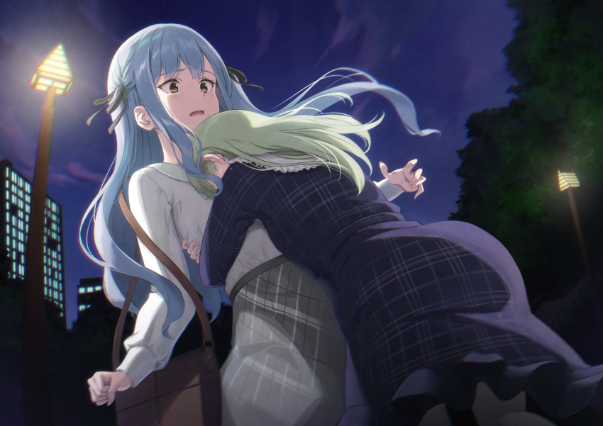 2girls bag bang_dream! bang_dream!_it&#039;s_mygo!!!!! black_dress black_pantyhose black_ribbon blurry blurry_foreground building chromatic_aberration commentary_request commission covered_face depth_of_field dress fingernails floating_hair flying_teardrops frilled_dress frills from_below green_hair grey_hair grey_skirt hair_ribbon hand_up handbag hands_up head_on_chest high-waist_skirt highres hug lamppost long_hair long_sleeves looking_at_another multiple_girls night night_sky nuenue outdoors pantyhose parted_lips plaid_clothes plaid_dress plaid_skirt ribbon shirt shoulder_bag skeb_commission skirt sky standing togawa_sakiko tree two_side_up wakaba_mutsumi wavy_hair white_shirt yellow_eyes yuri