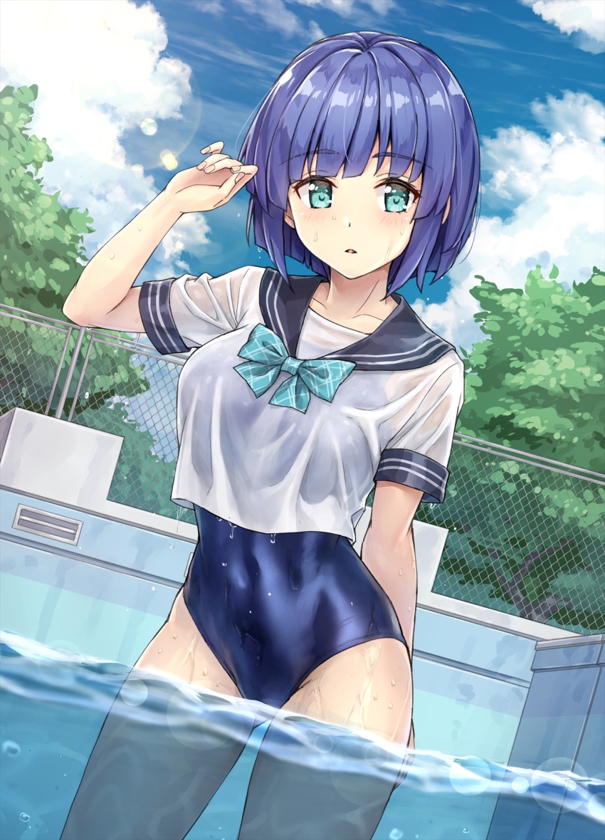 1girl blue_eyes blue_hair blue_one-piece_swimsuit blue_sailor_collar blue_sky blunt_bangs blush bow bowtie chain-link_fence cloud cloudy_sky collarbone day fence highres izumi_hina_(neet_kunoichi) koyuki_(kotatsu358) looking_at_viewer neet_de_otaku_na_kunoichi_to_naze_ka_dousei_hajimemashita one-piece_swimsuit outdoors plaid_bow pool sailor_collar school_swimsuit school_uniform see-through_clothes serafuku shirt short_hair short_sleeves sky solo standing swimsuit swimsuit_under_clothes wading water wet wet_clothes wet_shirt white_shirt