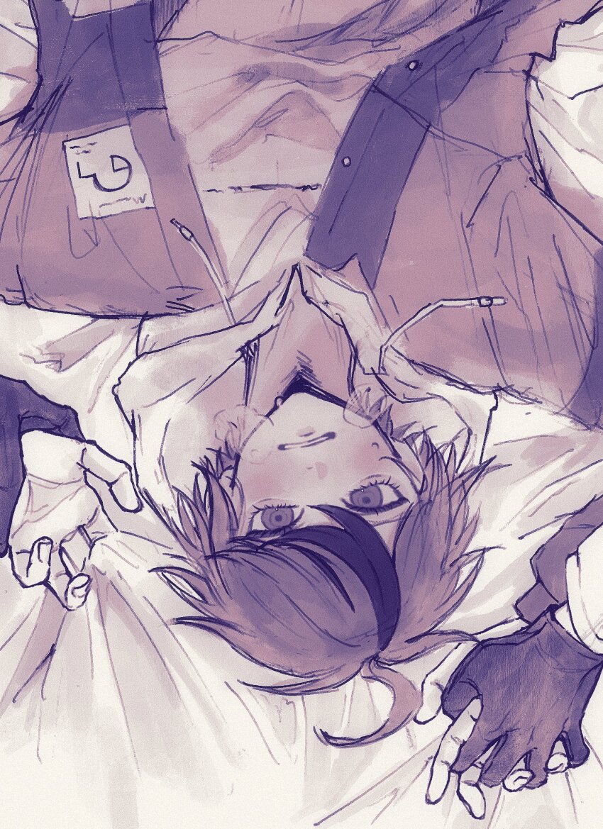 2boys ahoge aotsuki_eito bed_sheet blush breath greyscale highres holding_another&#039;s_wrist holding_hands hood hoodie interlocked_fingers jacket looking_at_viewer male_focus monochrome multicolored_hair multicolored_jacket multiple_boys open_clothes open_jacket out_of_frame s4cre_d sheet_grab short_hair solo_focus streaked_hair sumino_takumi the_hundred_line_-last_defense_academy- two-tone_jacket upside-down yaoi