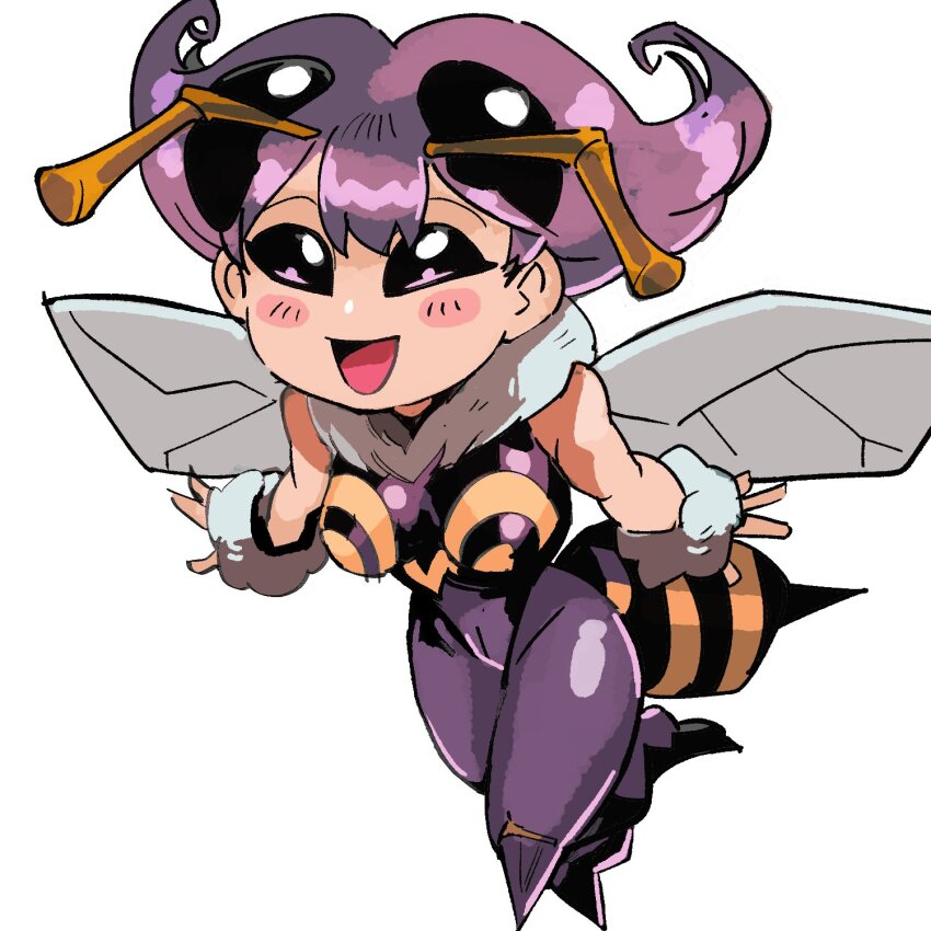 1girl 33dot abdomen_tail antennae arthropod_girl bee_girl black_eyes black_sclera blush blush_stickers breasts capcom colored_sclera darkstalkers extra_eyes fur-trimmed_leotard fur_collar fur_trim fur_wrist_cuffs highres insect_girl insect_wings knee_spikes medium_breasts monster_girl open_mouth pantyhose purple_hair q-bee short_hair smile solid_eyes solo spikes stinger wings wrist_cuffs