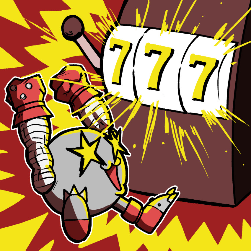 +_+ 777 arms_up chato1311 digimon digimon_(creature) gloves highres mamemon no_humans red_gloves slot_machine solo