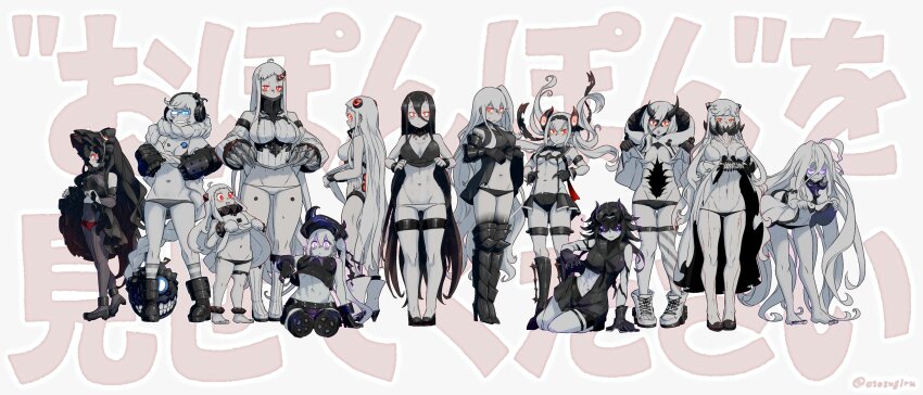 6+girls absurdres abyssal_ship air_defense_princess aircraft_carrier_princess airfield_princess amputee armored_boots asymmetrical_horns battleship_princess black_dress black_footwear black_hair black_panties black_sailor_collar blue_eyes bonnet boots braid breasts claws cleavage clothes_lift colored_skin cracked_skin destroyer_princess double_amputee dress dress_lift floating_hair full_body grey_background grey_skin hair_between_eyes hair_scarf headphones heavy_cruiser_princess highres hood hood_down horns isolated_island_princess kantai_collection kneehighs large_breasts lifting_own_clothes light_cruiser_princess long_hair looking_at_viewer medium_breasts messy_hair midway_princess multiple_girls northern_ocean_princess oso_(toolate) panties purple_eyes red_eyes sailor_collar seaport_princess simple_background single_braid single_horn sitting socks standing striped_clothes striped_socks submarine_princess supply_depot_princess twitter_username underwear very_long_hair white_dress white_hair white_panties white_skin