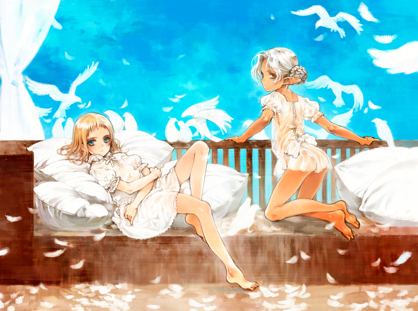 2girls absurdres ass back_bow bare_legs barefoot bird blonde_hair blue_eyes blue_sky blush bow commentary crossed_legs dark-skinned_female dark_skin dove dress english_commentary feathers full_body grey_eyes hair_bun highres kneeling looking_at_viewer looking_back medium_hair multiple_girls neck_ribbon ooyari_ashito original parted_lips petite pillow pointy_ears puffy_short_sleeves puffy_sleeves redrawn ribbon see-through_clothes short_sleeves silver_hair single_hair_bun sitting sky veranda white_dress