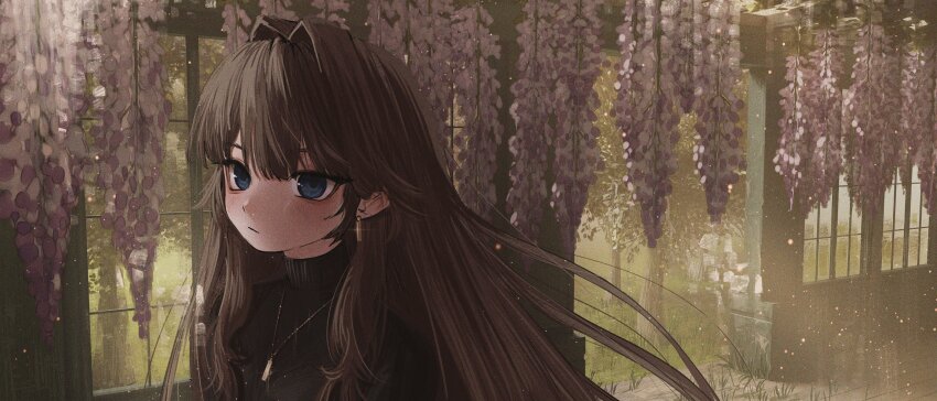 1girl black_sweater blue_eyes blush brown_hair earrings elisia_valfelto expressionless flower hair_intakes highres inai_the_maid jewelry long_hair necklace original solo sweater turtleneck turtleneck_sweater wisteria