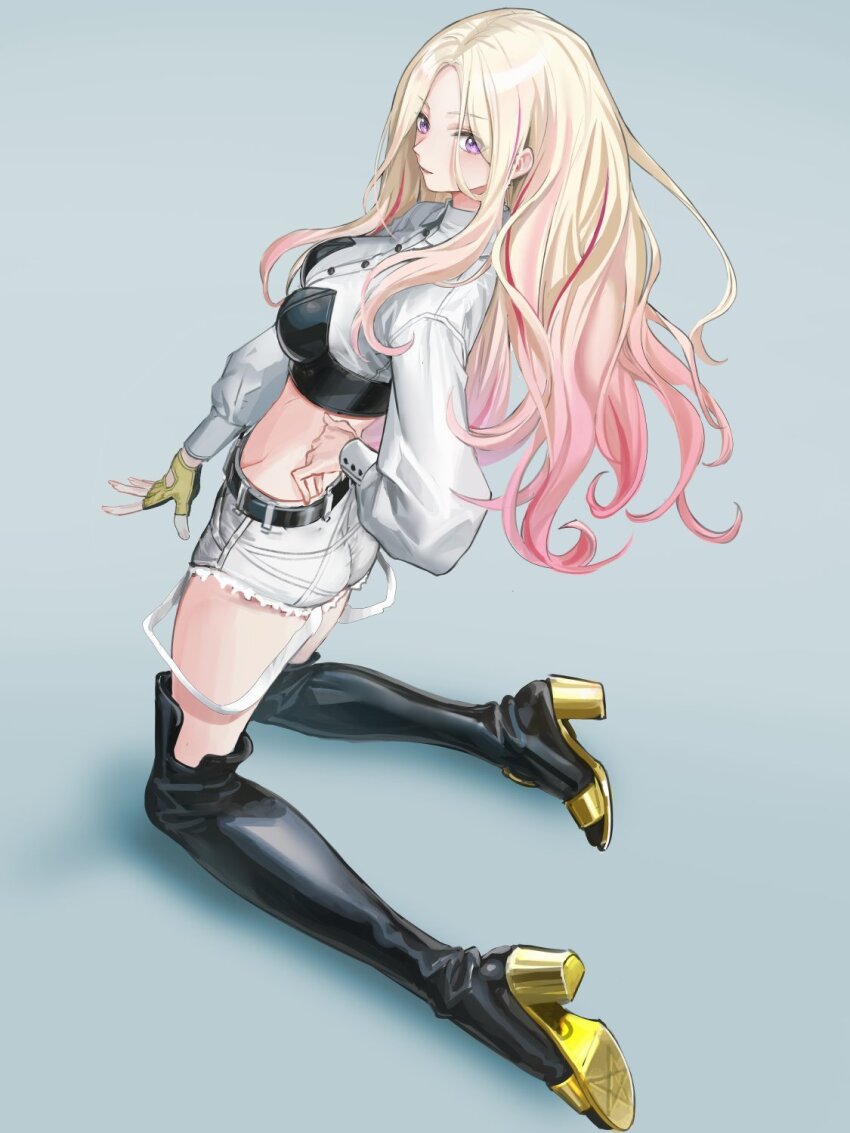 1girl belt blonde_hair boots earrings gakuen_idolmaster gloves high_heels highres idolmaster infukun jewelry long_hair pink_eyes single_earring single_glove solo