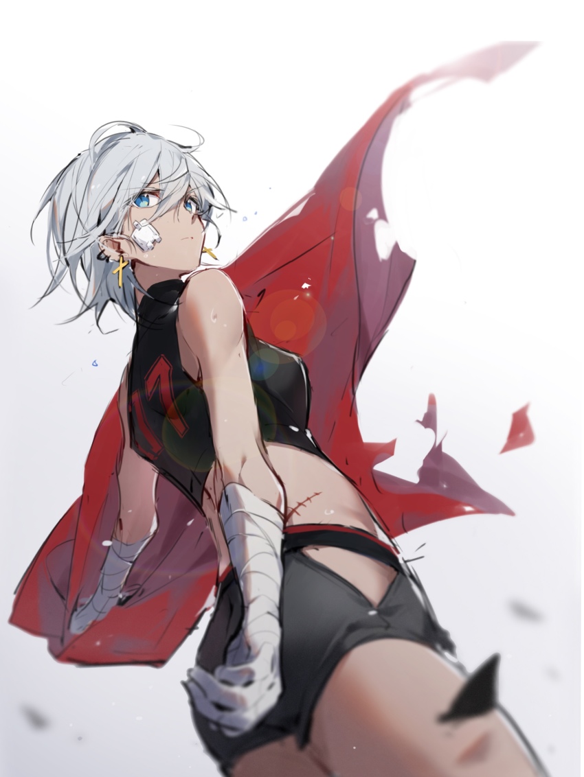 1girl absurdres bandaged_arm bandages bandaid blue_eyes closed_mouth cross cross_earrings dark-skinned_female dark_skin earrings eyes_visible_through_hair gradient_background grey_hair hair_between_eyes highres holding jewelry oyo_hitsuji scar short_hair slit_pupils solo stitches torn torn_clothes turtleneck vocaloid vsinger_(vocaloid) yanhe