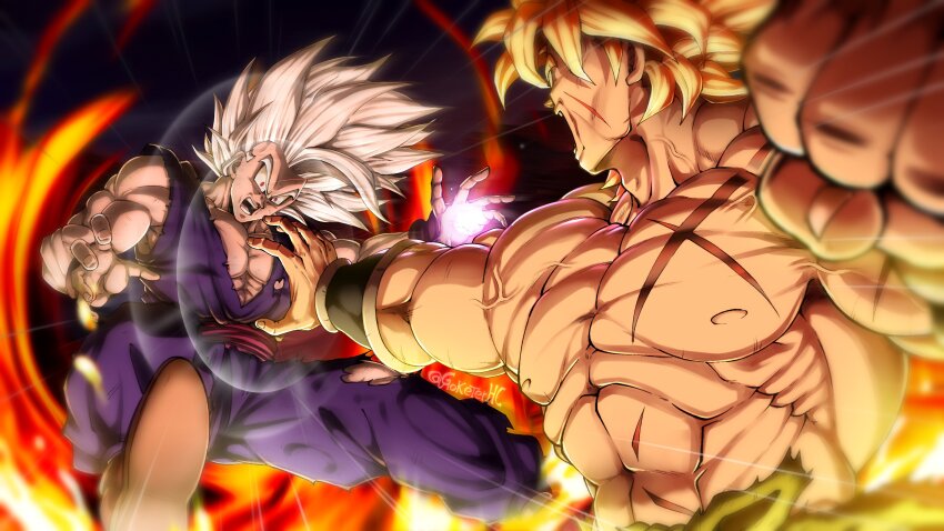 absurdres attack attacked battle black_background broly_(dragon_ball_super) clenched_hand dougi dragon_ball dragon_ball_super dragon_ball_super_broly dragon_ball_super_super_hero facial_scar fighting fire gohan_beast goketerhc green_hair grey_hair half-saiyan highres legendary_super_saiyan long_hair looking_at_another medium_hair muscular muscular_male open_mouth pants powering_up purple_pants purple_shirt red_sash saiyan saiyans sash scar scar_on_cheek scar_on_chest scar_on_face shirt shockwave son_gohan spiked_hair super_saiyan topless_male twitter_username veins