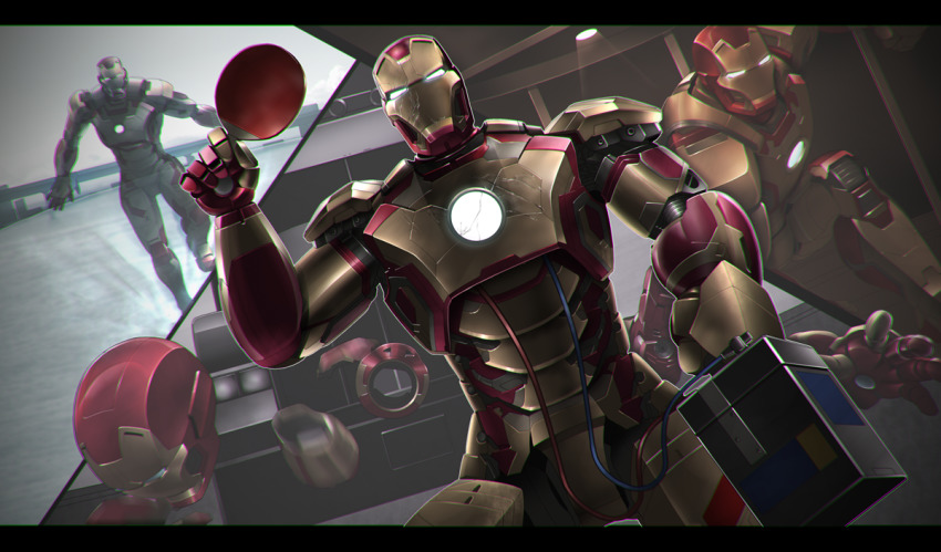 armor cable flying gomibako_(shirokumatei) helmet iron_man iron_man_(series) iron_man_3 looking_down marvel marvel_cinematic_universe mecha multiple_views on_one_knee paddle power_armor robot table_tennis_paddle white_eyes