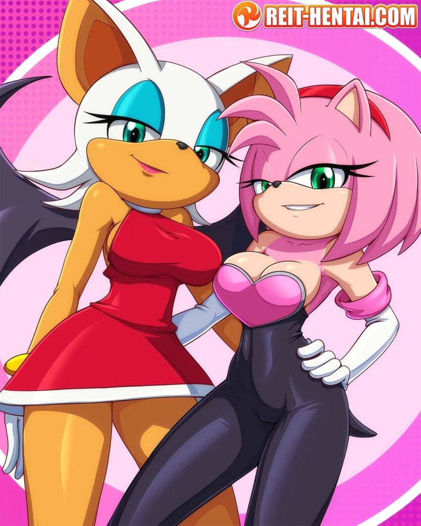 2girls alternate_costume amy_rose amy_rose_(cosplay) bat_girl bat_wings blue_eyeshadow breasts cleavage clothes_swap cosplay dress eyeshadow furry furry_female green_eyes hedgehog highres large_breasts lipstick makeup medium_breasts multiple_girls red_dress reit rouge_the_bat rouge_the_bat_(cosplay) seductive_gaze seductive_smile sega smile sonic_(series) sonic_adventure_2 sonic_cd sonic_the_hedgehog_(classic) thighs wings