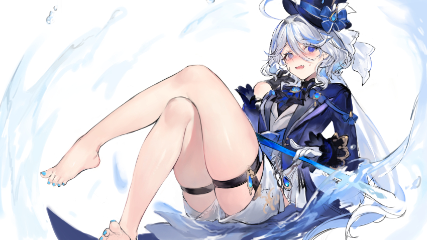 1girl absurdres ahoge barefoot blue_eyes blue_hat blue_jacket blue_nails flustered furina_(genshin_impact) genshin_impact hat high_heels highres jacket long_hair looking_at_viewer shorts simple_background socks solo thigh_strap thighs top_hat very_long_hair white_background white_hair white_shorts white_socks xiangchizhubijin