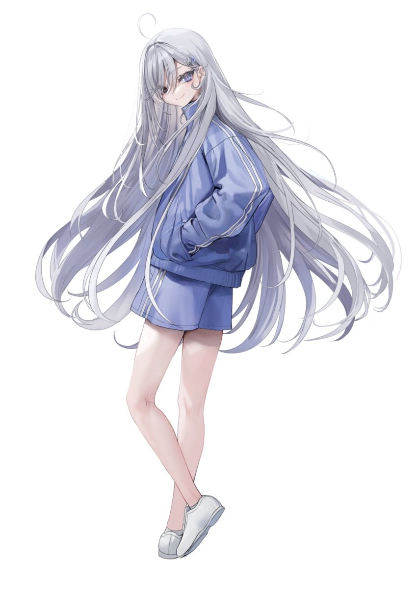 1girl ahoge blue_eyes blue_shorts blue_track_suit blush female_focus grey_eyes hair_ornament hair_over_one_eye hairpin heterochromia highres jacket legs long_hair long_sleeves looking_at_viewer looking_back multicolored_eyes nekometaru shibou_yuugi_de_meshi_o_kuu shoes shorts simple_bird smile solo solo_focus standing thighs track_jacket track_suit very_long_hair white_background white_hair white_shoes yuuki_(shibou_yuugi)