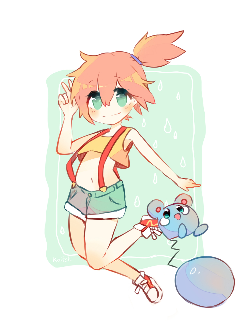 absurdres azurill chibi denim denim_shorts gen_3_pokemon green_eyes highres koitshi misty_(pokemon) nintendo orange_hair pokemon pokemon_(anime) pokemon_(classic_anime) pokemon_(creature) red_shoes shirt shoes shorts side_ponytail sneakers suspender_shorts suspenders tank_top v yellow_shirt yellow_tank_top
