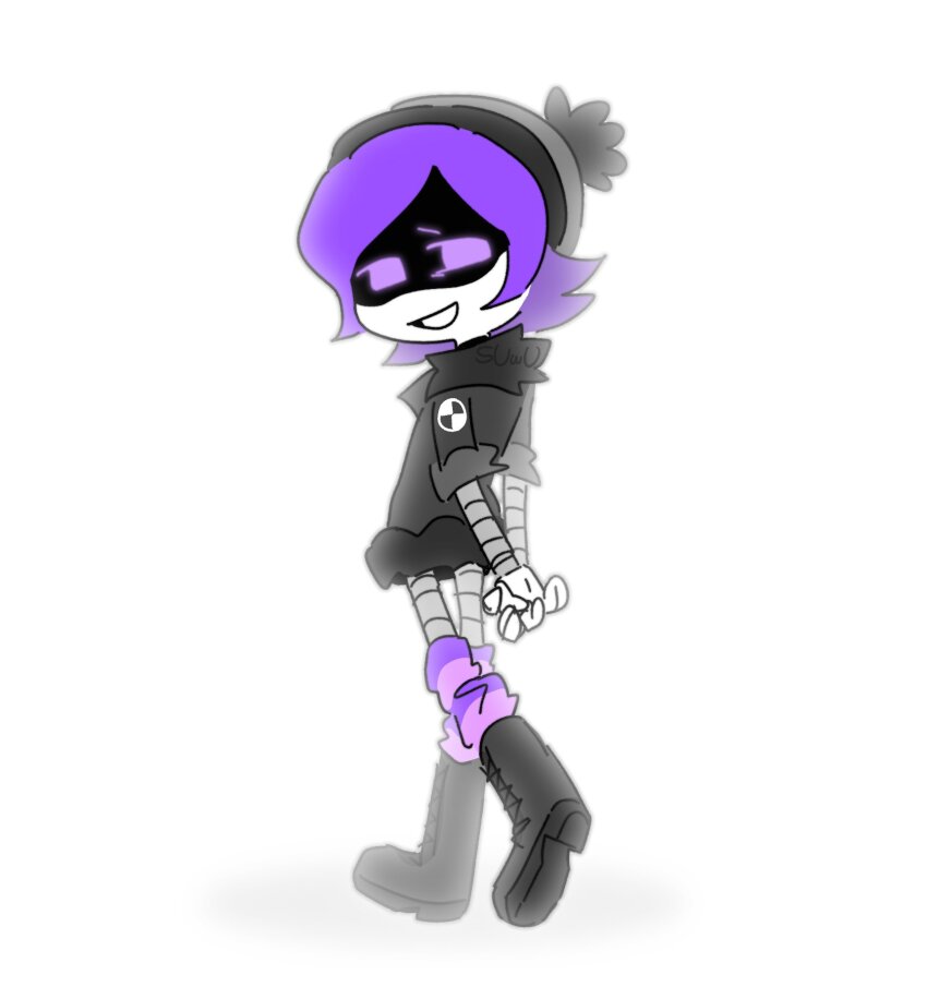 1girl beanie_hat boots choker glitch_productions hat highres hood hoodie murder_drones purple_eyes purple_hair robot striped_legwear suwu_uuu uzi_(murder_drones)