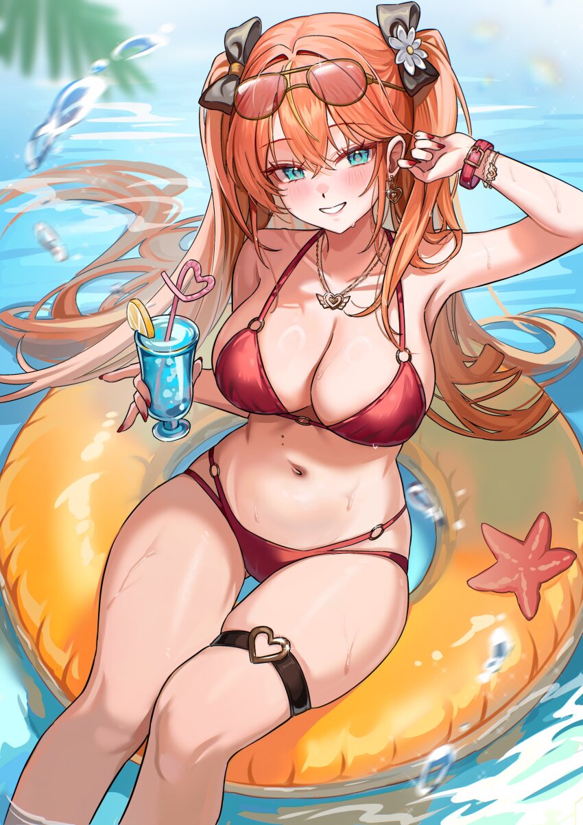 1girl absurdres afloat aqua_eyes ariko_(aaaaarik) armpits aviator_sunglasses bare_shoulders bikini black_ribbon bracelet breasts cleavage commentary crazy_straw crossed_bangs cup drink drinking_straw english_commentary eyewear_on_head food fruit hair_ribbon hand_up heart heart_o-ring heart_straw highres holding holding_cup holding_drink innertube jewelry large_breasts lemon lemon_slice long_hair looking_at_viewer luci-04 mole mole_on_stomach multi-strapped_bikini_bottom navel necklace o-ring o-ring_thigh_strap orange_hair red_bikini red_nails ribbon second-party_source solo stomach sunglasses swim_ring swimsuit thigh_gap thigh_strap two_side_up very_long_hair vfleet virtual_youtuber water wrist_belt
