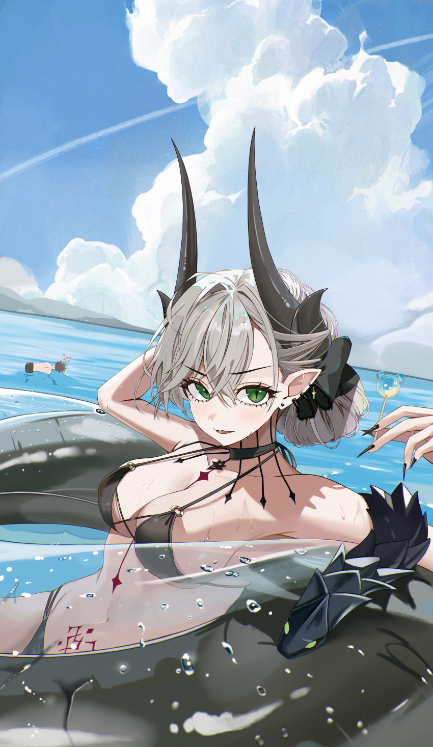1boy 1girl absurdres armpits auguste bikini black_bikini black_choker black_nails black_ribbon blue_sky breasts candy choker cleavage cloud commentary_request criss-cross_strings demon_horns ear_piercing fate/grand_order fate_(series) fingernails floating food fujimaru_ritsuka_(male) grey_hair hair_bun hair_ribbon hand_up highres holding holding_candy holding_food holding_lollipop horizon horns innertube lilith_(fate) lollipop long_fingernails looking_at_viewer medium_breasts multi-strapped_bikini_bottom navel o-ring o-ring_bikini ocean parted_bangs parted_lips piercing pointy_ears ribbon sky slit_pupils solo_focus stomach_tattoo swim_ring swimsuit tattoo v-shaped_eyebrows