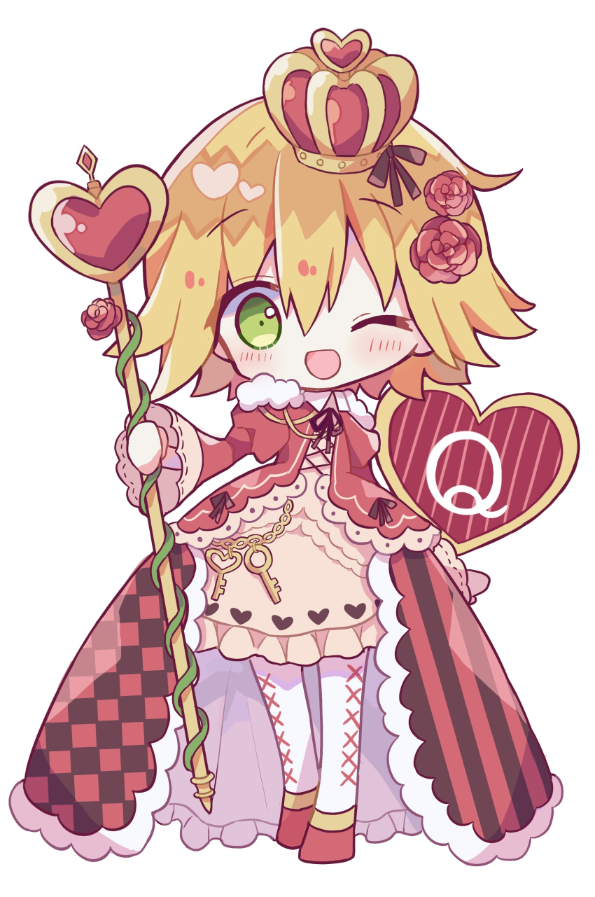 1girl ;d absurdres amitie_(puyopuyo) black_ribbon blonde_hair blush chibi chibi_only commentary_request crown dress flower frilled_dress frills full_body futaba969649 green_eyes hair_between_eyes hair_flower hair_ornament highres holding holding_staff juliet_sleeves long_sleeves looking_at_viewer neck_ribbon one_eye_closed open_mouth pantyhose puffy_sleeves puyopuyo red_crown red_dress red_shoes ribbon shoes short_hair simple_background smile solo staff standing white_background white_pantyhose
