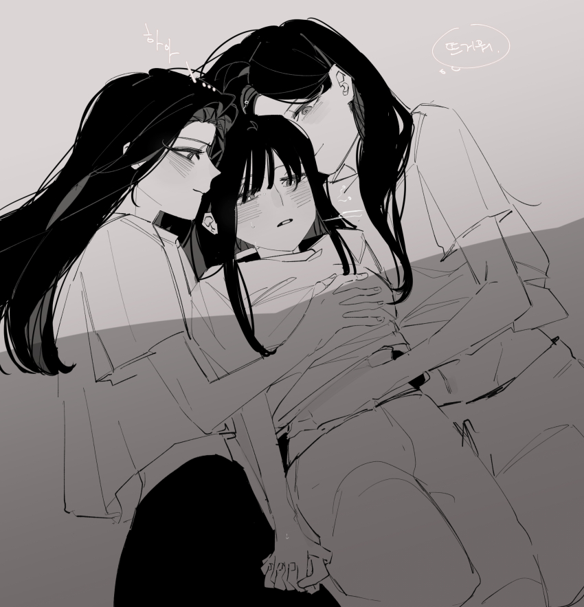 3girls blush commentary_request flffy11 girl_sandwich grabbing_another&#039;s_breast greyscale groping hand_on_another&#039;s_shoulder hand_under_clothes hand_under_shirt highres holding_hands interlocked_fingers korean_commentary korean_text long_hair monochrome multiple_girls original pants parted_lips sandwiched shirt short_sleeves smile speech_bubble thought_bubble translation_request yuri