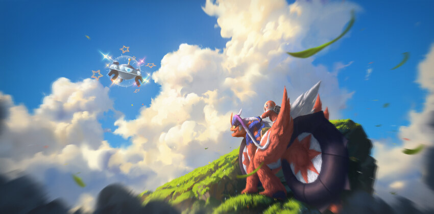 1girl absurdres alternate_color blue_sky cloud cloudy_sky gen_4_pokemon grass helmet highres incredibly_absurdres jacket koraidon magnezone moss motion_blur nintendo outdoors pokemon pokemon_(creature) red_jacket riding riding_pokemon shiny_pokemon sky sparkle star_(symbol) wer_(no0701)