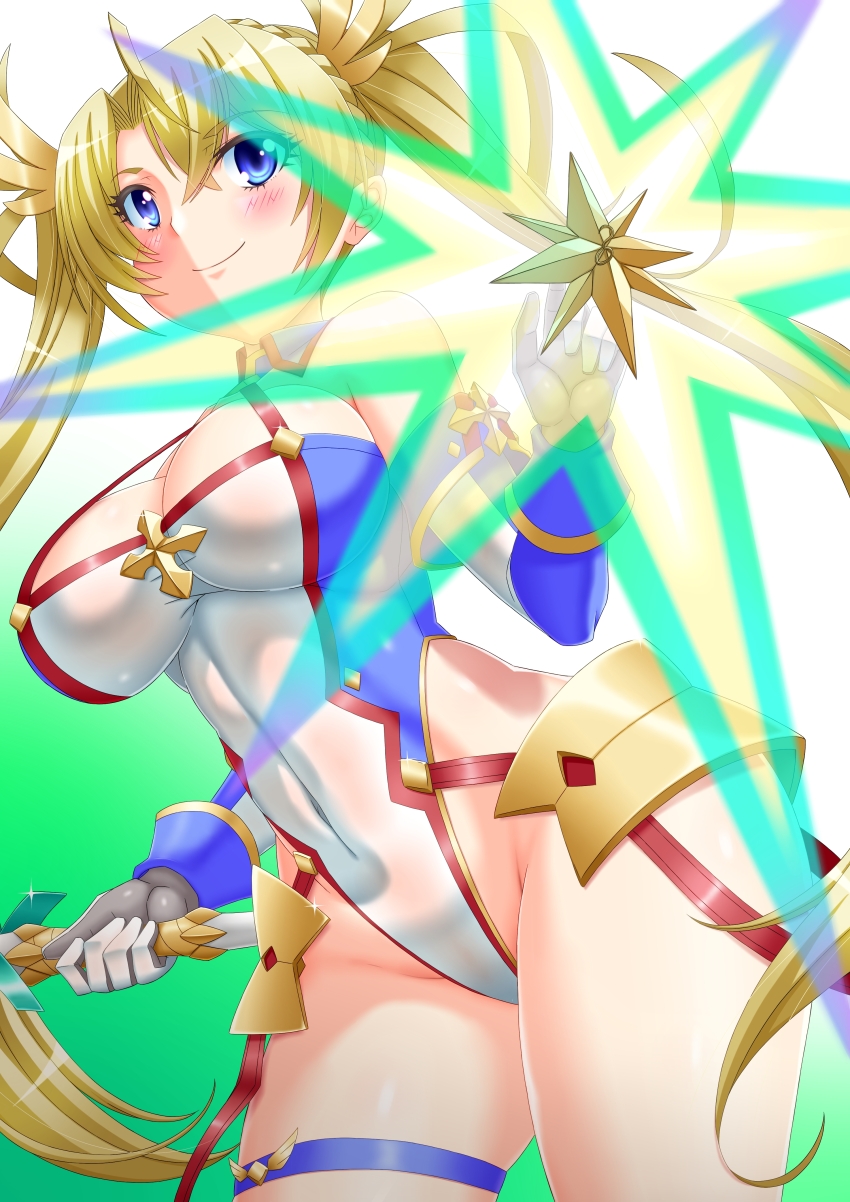 1girl absurdres armor bare_shoulders blonde_hair blue_eyes blue_gloves blue_leotard blush bradamante_(fate) bradamante_(first_ascension)_(fate) braid breasts cleavage closed_mouth covered_navel crown_braid elbow_gloves energy_barrier energy_shield fate/grand_order fate_(series) faulds gloves guriguri_(arayotto4351) highleg highleg_leotard highres large_breasts leotard long_hair looking_at_viewer multicolored_leotard scepter smile solo thigh_strap thighs twintails two-tone_gloves two-tone_leotard very_long_hair white_gloves white_leotard