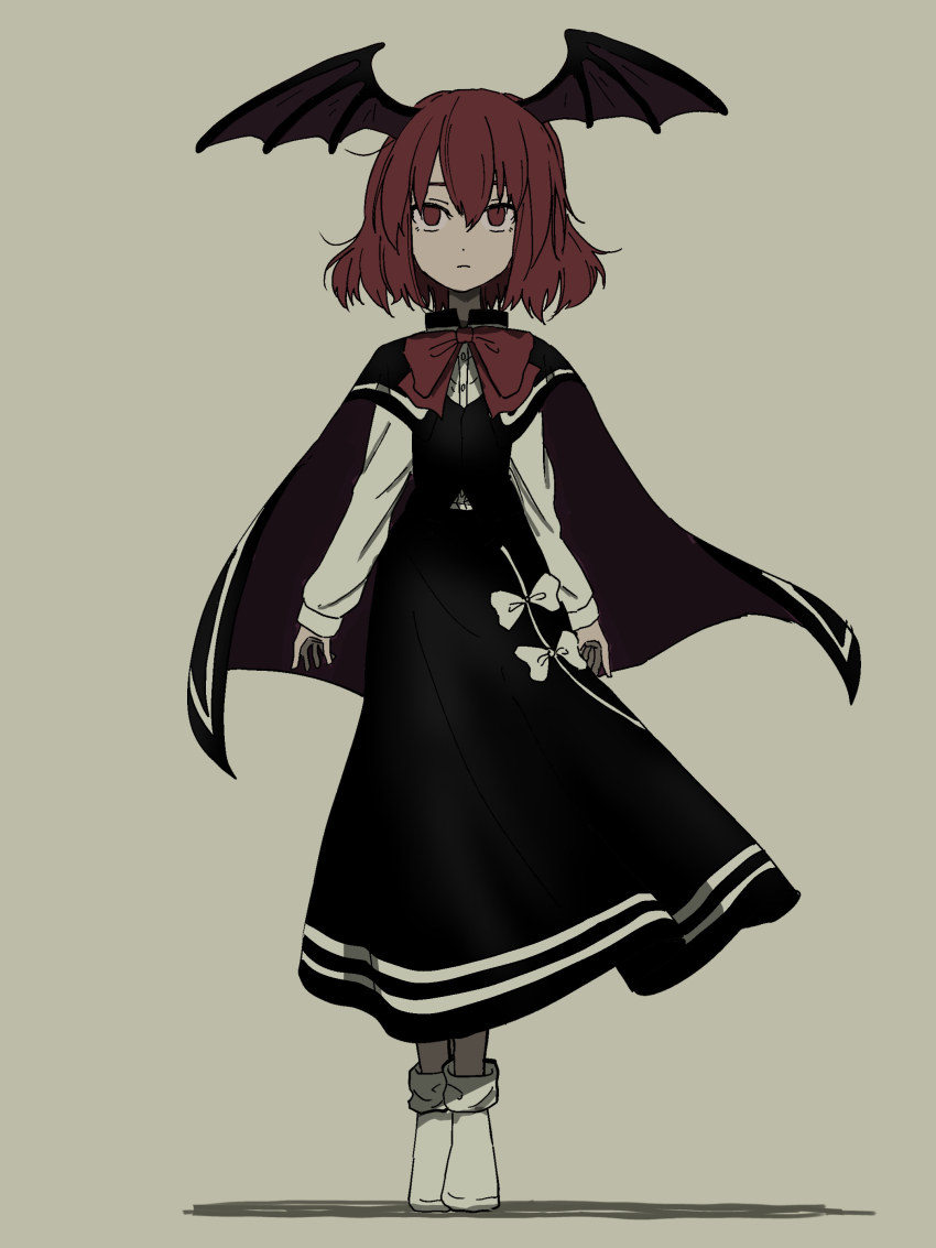1girl :| absurdres alternate_hair_length alternate_hairstyle bat_wings black_cape black_skirt black_vest bow bow_skirt bowtie buttons cape closed_mouth commentary dot_nose english_commentary expressionless eyebrows_hidden_by_hair full_body grey_background hair_between_eyes head_wings highres koakuma large_head_wings limited_palette long_sleeves looking_at_viewer red_bow red_bowtie red_eyes red_hair shadow shirt short_hair simple_background skirt skirt_set socks solo striped_cape striped_clothes striped_skirt tiptoes touhou uzou_(uzooooooooo) vest white_bow white_shirt white_socks wings