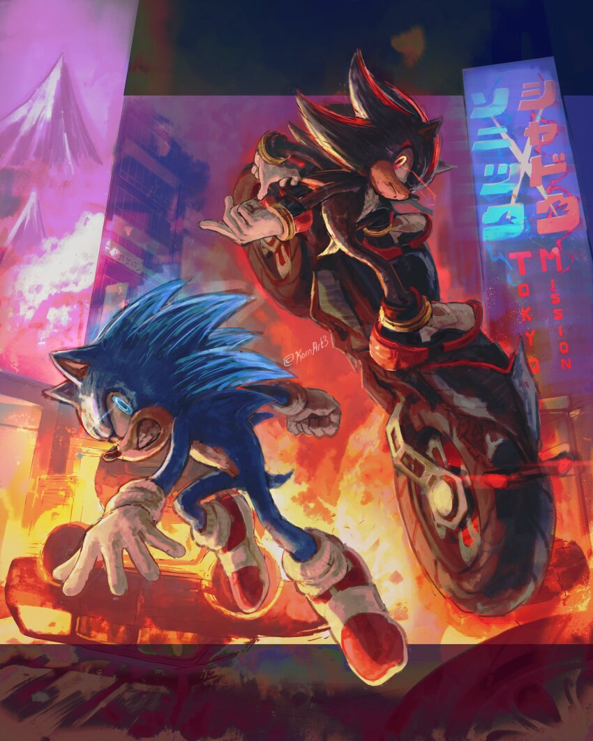 absurdres angry black_fur black_hair blue_fur blue_hair fire gloves highres kornart lightning_eyes motocycle multicolored_hair outdoors paramount_pictures red_fur red_hair sega shadow_the_hedgehog shibuya_(tokyo) shoes socks sonic_(live_action) sonic_(series) sonic_the_hedgehog sonic_the_hedgehog_(movie) sonic_the_hedgehog_3_(movie) teeth tokyo_(city) two-tone_fur two-tone_hair