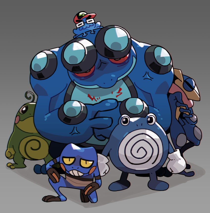absurdres ahoge anger_vein animal animal_on_head ash_ketchum ash_ketchum_(cosplay) baseball_cap blank_stare blue_skin closed_eyes colored_sclera colored_skin cosplay cpt_hamburger cracking_knuckles croagunk fist_in_hand frog full_body gen_1_pokemon gen_2_pokemon gen_4_pokemon gen_5_pokemon gen_6_pokemon glasses gloves greninja grin hat highres leaning_on_person looking_at_viewer nintendo on_head on_one_knee original own_hands_together pokemon pokemon_(anime) pokemon_(creature) pokemon_focus politoed poliwhirl rectangular_eyewear red_sclera sarashi seismitoad smile standing trait_connection veins veiny_arms white_gloves yellow_sclera