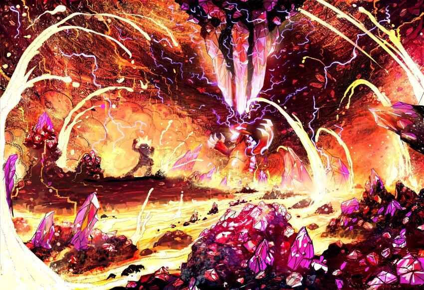 2024_pokemon_teraleak absurdres black_sclera claws colored_sclera concept_art embers epic fire game_freak gen_3_pokemon glowing glowing_eyes groudon highres lava legendary_pokemon looking_at_another nintendo no_humans official_art open_mouth outdoors pokemon pokemon_(creature) pokemon_oras pokemon_oras_(prototype) production_art sharp_teeth spiked_tail spikes standing tail teeth yellow_eyes
