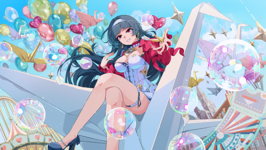 1girl absurdres astra_yao balloon blush breasts bubble crossed_legs dress earrings green_hair hairband heart_balloon highres jacket jackets jewelry large_breasts looking_at_viewer necklace origami outdoors paper_crane pearl_necklace red_eyes red_jacket ring_hair_ornament sakatsuki_yakumo sitting smile solo thigh_strap uneven_bangs white_dress white_hairband zenless_zone_zero