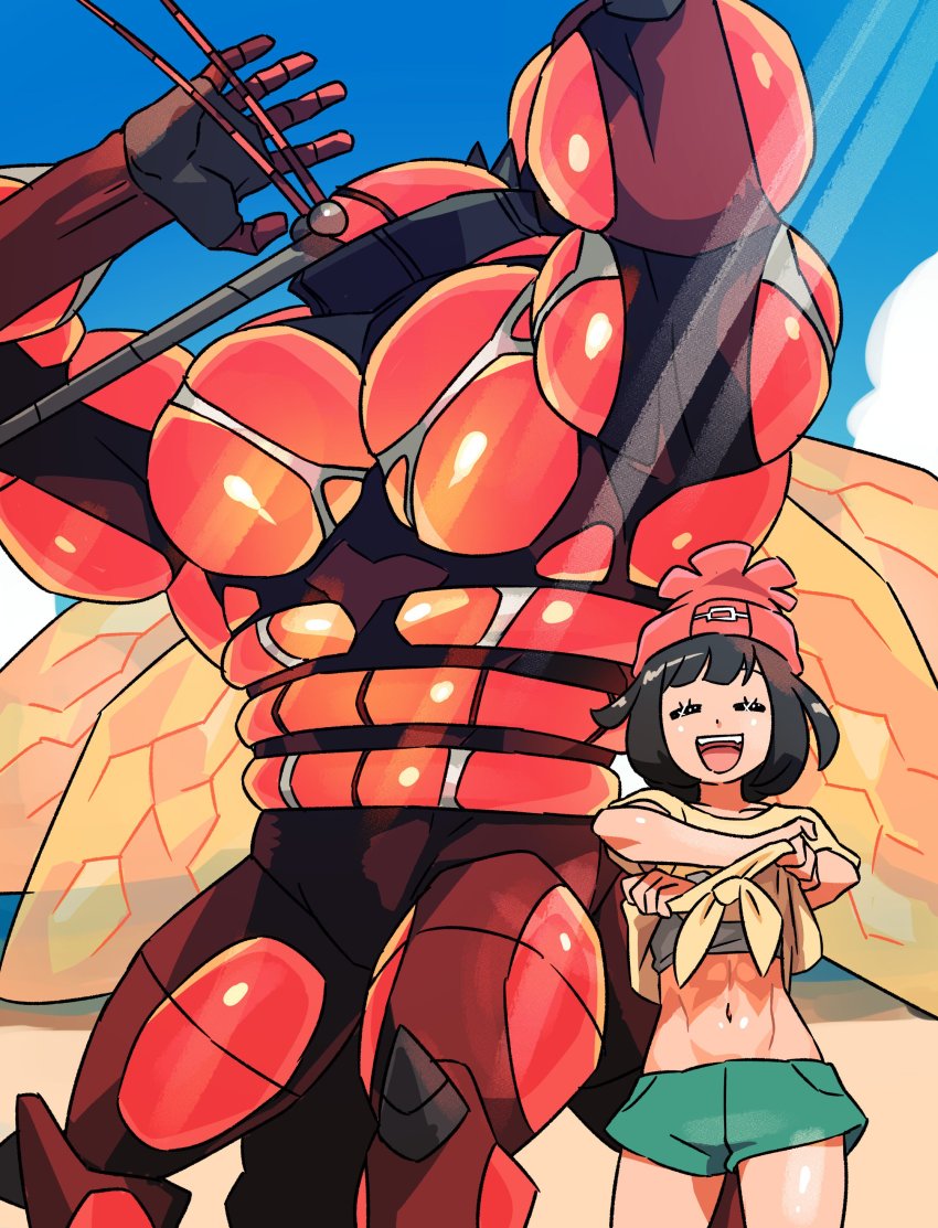 1girl absurdres bad_id bad_twitter_id beanie black_hair buzzwole closed_eyes clothes_lift gen_7_pokemon green_shorts hat highres midriff nintendo open_mouth pokemon pokemon_(creature) pokemon_sm red_hat selene_(pokemon) shirt_lift short_hair short_sleeves shorts sky sports_bra ultra_beast undressing uzura3026