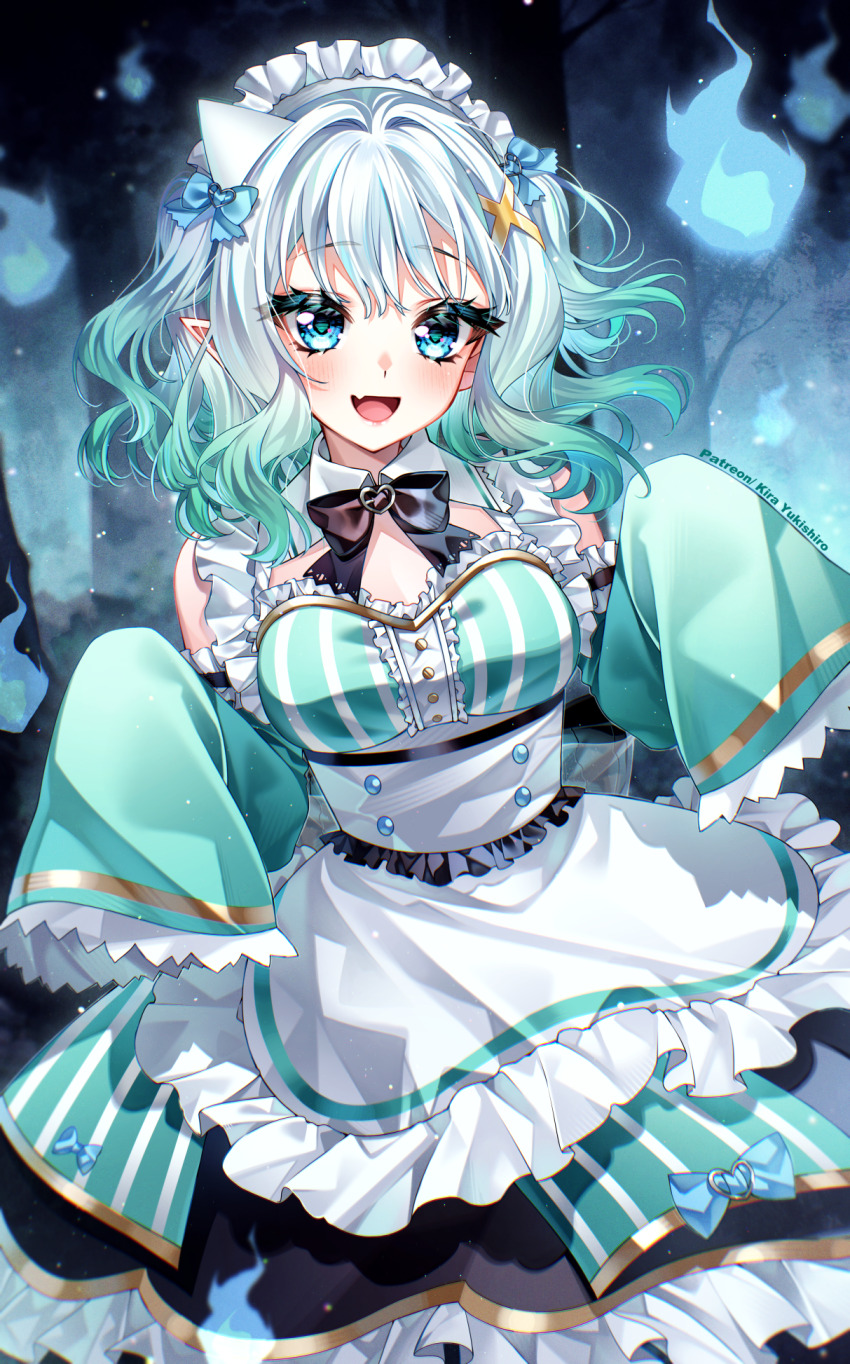 1girl :d apron black_bow black_bowtie blue_eyes bow bowtie breasts center_frills commentary detached_collar detached_sleeves dress english_commentary frilled_dress frilled_sleeves frills gradient_hair green_dress green_hair hair_ornament hairclip highres indie_virtual_youtuber jungle kira_yukishiro long_sleeves looking_at_viewer maid maid_headdress medium_breasts medium_hair mint_fantome mint_fantome_(minto_2.0) multicolored_hair nature open_mouth outdoors pointy_ears short_hair sleeveless sleeveless_dress sleeves_past_fingers sleeves_past_wrists smile solo striped_clothes striped_dress triangular_headpiece two_side_up vertical-striped_clothes vertical-striped_dress virtual_youtuber waist_apron wavy_hair white_apron white_hair wide_sleeves x_hair_ornament