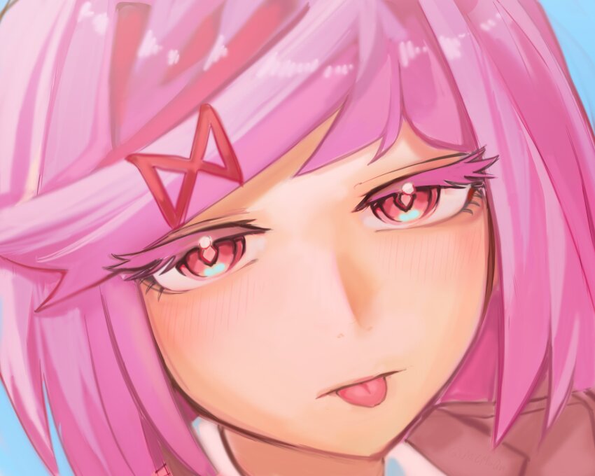 1girl :| absurdres blazer blue_background blush bob_cut brown_jacket close-up closed_mouth collared_shirt colored_eyelashes commentary deadpan doki_doki_literature_club dress_shirt english_commentary eyelashes hair_ornament head_tilt highres jacket light_blush looking_at_viewer micmaqn natsuki_(doki_doki_literature_club) pink_eyes pink_hair portrait red_ribbon ribbon shirt short_hair solo swept_bangs teasing tongue tongue_out white_shirt x_hair_ornament