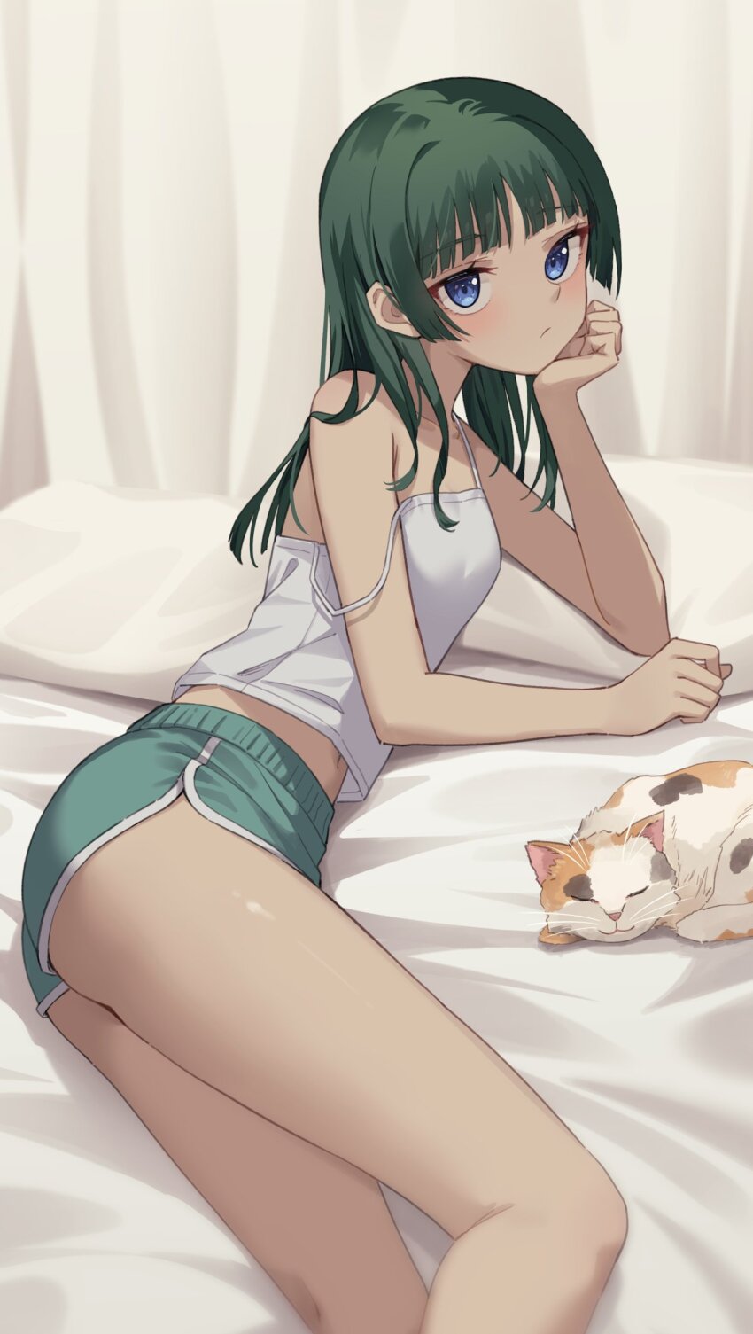 1girl ass blue_eyes breasts cat closed_mouth dolphin_shorts expressionless hand_on_own_chin highres kusuriya_no_hitorigoto looking_at_viewer loose_clothes loose_shirt lying maomao_(kusuriya_no_hitorigoto) on_side profnote shirt shorts small_breasts solo