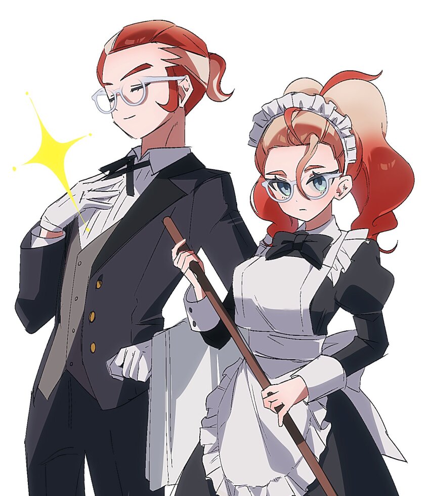 1boy 1girl apron black_bow black_bowtie black_dress black_jacket black_pants blue_eyes bow bowtie broom butler closed_eyes closed_mouth dress ebi_(shrimp_eleven) glasses gloves gradient_hair grey_vest griselle_(pokemon) grisham_(pokemon) highres holding holding_broom jacket long_hair long_sleeves maid maid_apron maid_headdress multicolored_hair nintendo open_clothes open_jacket pants pokemon pokemon_legends:_z-a ponytail red_hair shirt short_hair simple_background smile two-tone_hair vest white-framed_eyewear white_apron white_background white_gloves white_headdress white_shirt
