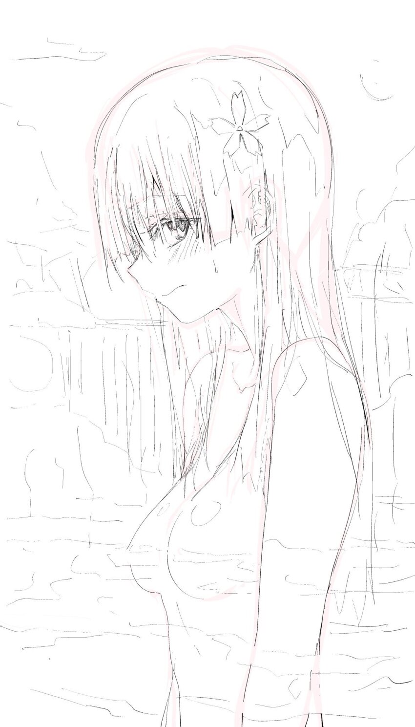 1girl bad_id bad_twitter_id breasts closed_mouth flower hair_flower hair_ornament highres long_hair looking_at_viewer medium_breasts musaki_(msaki666) nude onsen saten_ruiko sideways_glance sketch standing toaru_kagaku_no_railgun toaru_majutsu_no_index water water_censor