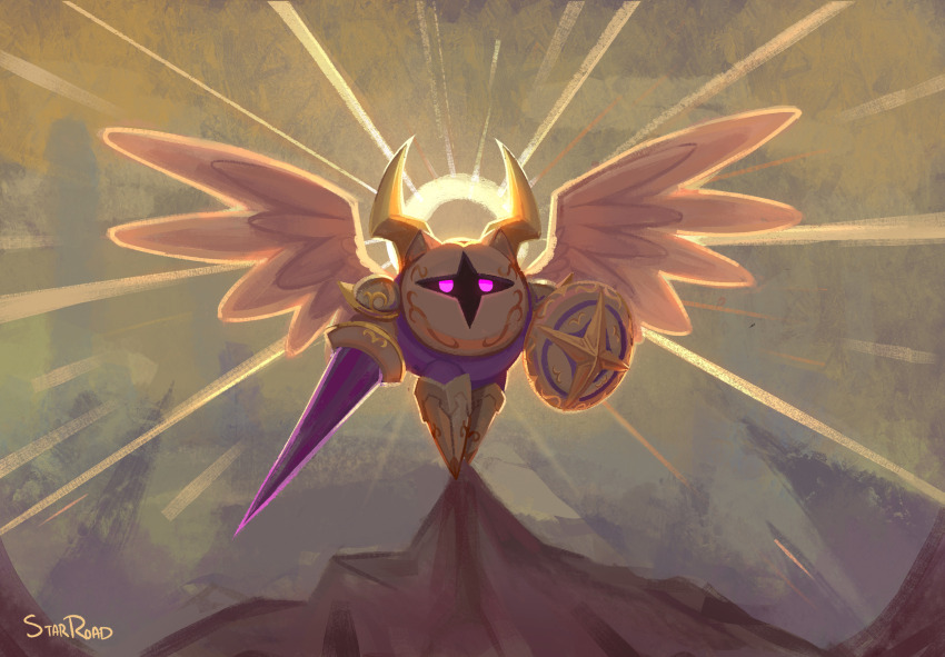 armor galacta_knight highres holding holding_shield horns kirby_(series) nintendo no_humans pauldrons purple_eyes sabaton shield shoulder_armor solo starroad super_kirby_clash white_wings wings