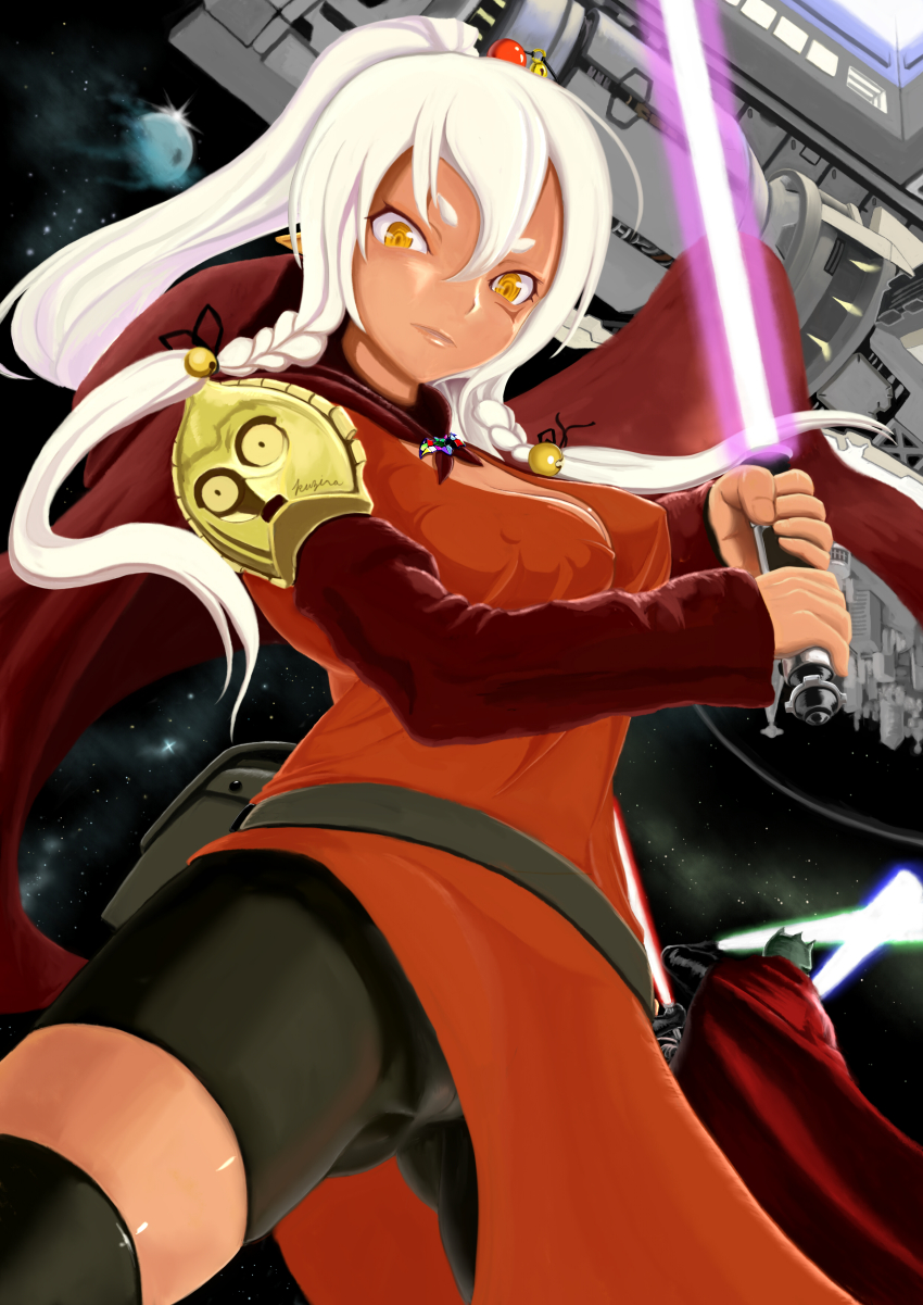 00s 1girl absurdres bad_id bad_pixiv_id battle bike_shorts black_thighhighs braid breasts c-3po cameltoe cameo cape crossover dark-skinned_female dark_skin energy_sword female_focus from_below highres holding holding_sword holding_weapon jedi kishiria_oswald kujira_maru kycilia_oswald large_breasts lightsaber long_hair planet ponytail purple_lightsaber science_fiction shoulder_pads solo space spacecraft star_(sky) star_wars sword taimanin_(series) taimanin_asagi thighhighs twin_braids weapon white_hair yellow_eyes