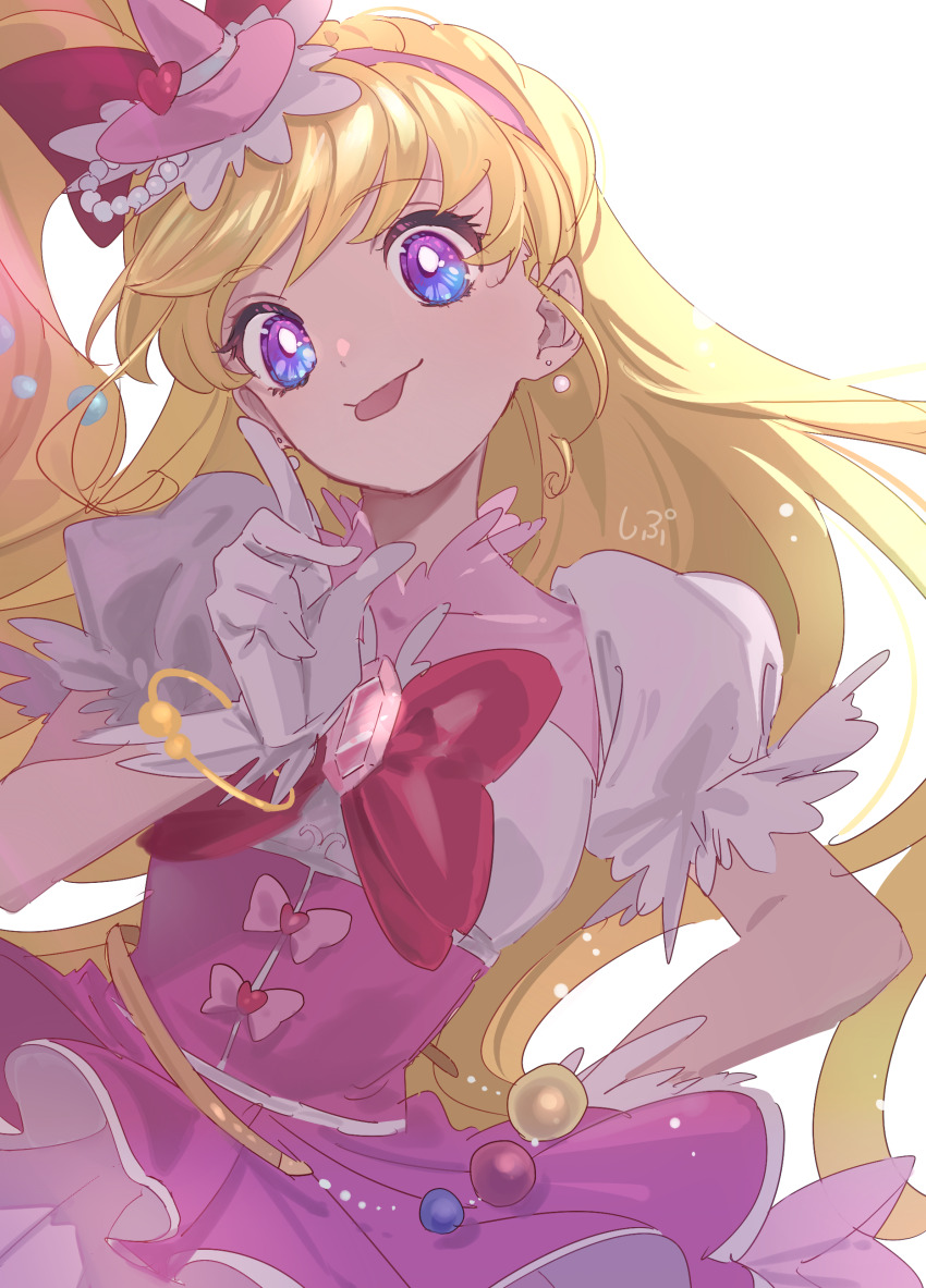 1girl absurdres asahina_mirai blonde_hair blue_eyes bow cure_miracle earrings floating_hair gem hair_bow hairband hat hat_ornament head_tilt heart heart_hat_ornament high_side_ponytail highres index_finger_raised jewelry long_hair looking_at_viewer mahou_girls_precure! mini_hat miniskirt pink_gemstone pink_hairband pink_hat pink_skirt pleated_skirt precure red_bow shipu_(gassyumaron) shirt short_sleeves simple_background sketch skirt solo tongue tongue_out underbust very_long_hair white_background white_shirt witch_hat