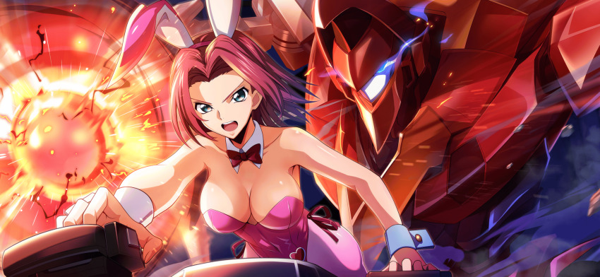 1girl animal_ears artist_request bare_shoulders blue_eyes bow bowtie breasts cleavage code_geass code_geass:_lost_stories collarbone covered_navel detached_collar energy explosion eye_trail fake_animal_ears female_focus forehead game_cg guren_(code_geass) guren_mk-ii hair_intakes hairband heart highres kouzuki_kallen large_breasts leaning_forward leotard light_trail mecha non-web_source official_art open_mouth outstretched_arm pantyhose piloting pink_hairband pink_leotard pink_pantyhose playboy_bunny rabbit_ears red_bow red_bowtie red_hair robot serious shiny_skin short_hair side-tie_leotard sidelocks solo standing strapless strapless_leotard teeth traditional_bowtie v-shaped_eyebrows wrist_cuffs
