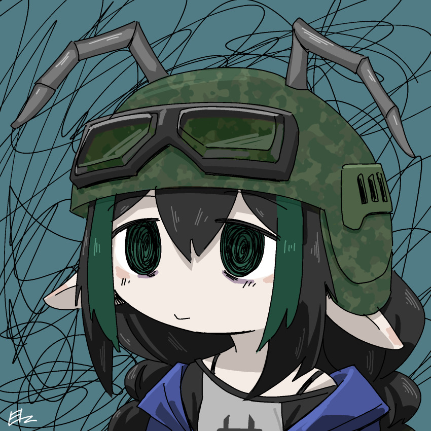 1girl antennae black_hair blue_background braid closed_mouth combat_helmet elf elfinpsyop elzielai green_eyes green_hair grey_shirt helmet highres indie_virtual_youtuber long_hair low_twin_braids multicolored_hair pointy_ears shirt solo twin_braids two-tone_hair virtual_youtuber