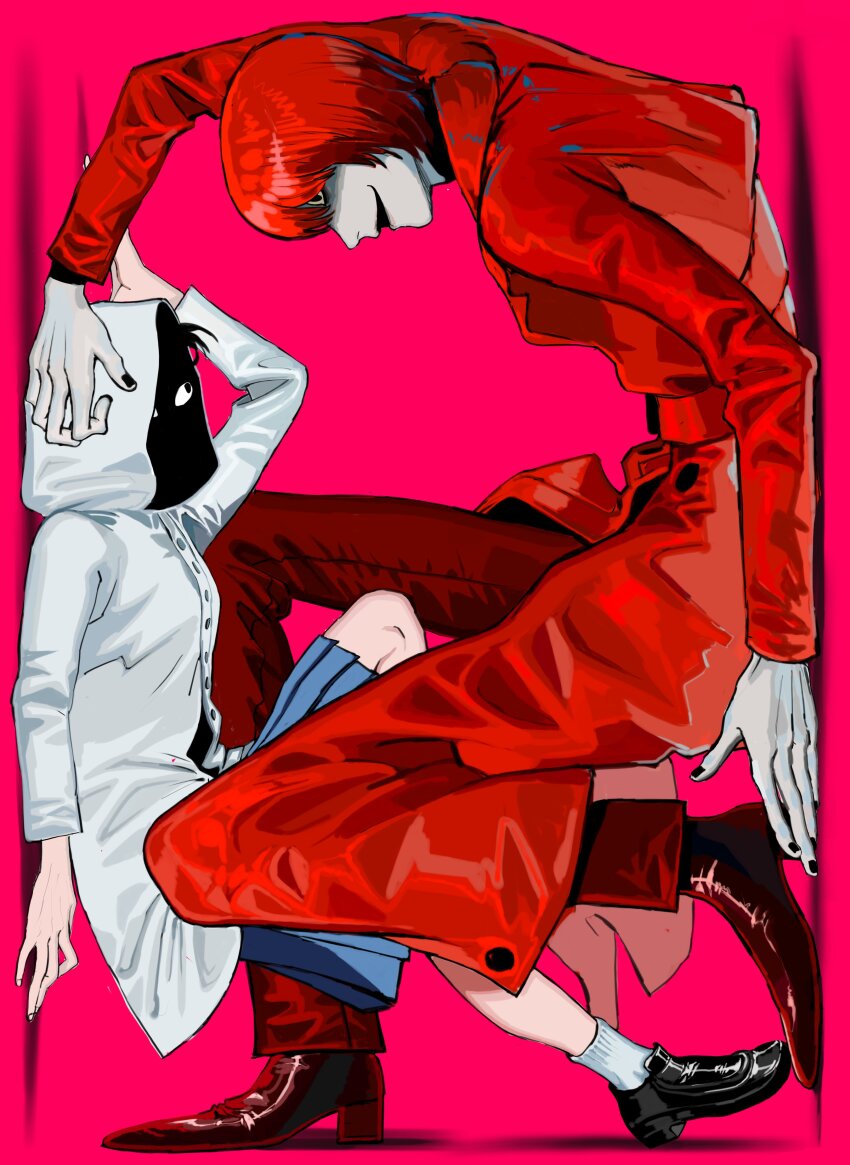 1boy 1girl absurdres black_eyes black_nails coat eyes_in_shadow heroine_(homicipher) highres homicipher hood hood_up looking_at_another mr._scarletella raincoat red_background red_coat red_hair school_uniform short_hair skirt sleepyangmals stuck_in_a_box white_raincoat