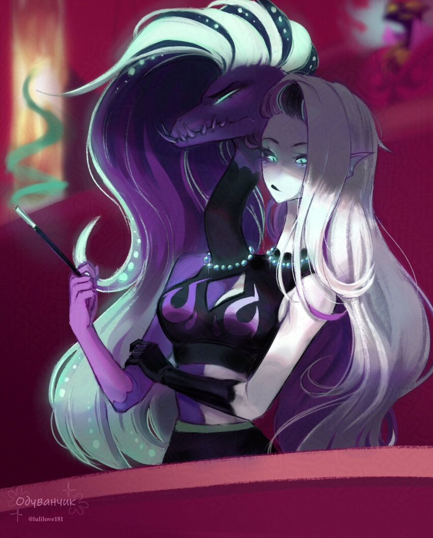 1girl asymmetrical_hair breasts cigarette_holder closed_mouth colored_skin crop_top green_eyes helluva_boss highres leviathan_(helluva_boss) long_hair lulilove181 medium_breasts multicolored_hair multiple_heads purple_hair purple_skin sharp_teeth teeth white_hair white_skin