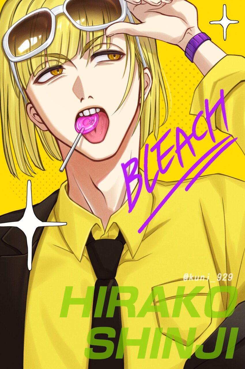 1boy adjusting_eyewear black_necktie bleach brown_eyes candy character_name collared_shirt commentary copyright_name eyewear_on_head food food_in_mouth hand_up highres hirako_shinji kuni_929 lollipop long_sleeves looking_to_the_side male_focus necktie open_mouth shirt simple_background solo sparkle sunglasses symbol-only_commentary teeth tongue tongue_out twitter_username upper_body upper_teeth_only v-shaped_eyebrows yellow_background yellow_shirt