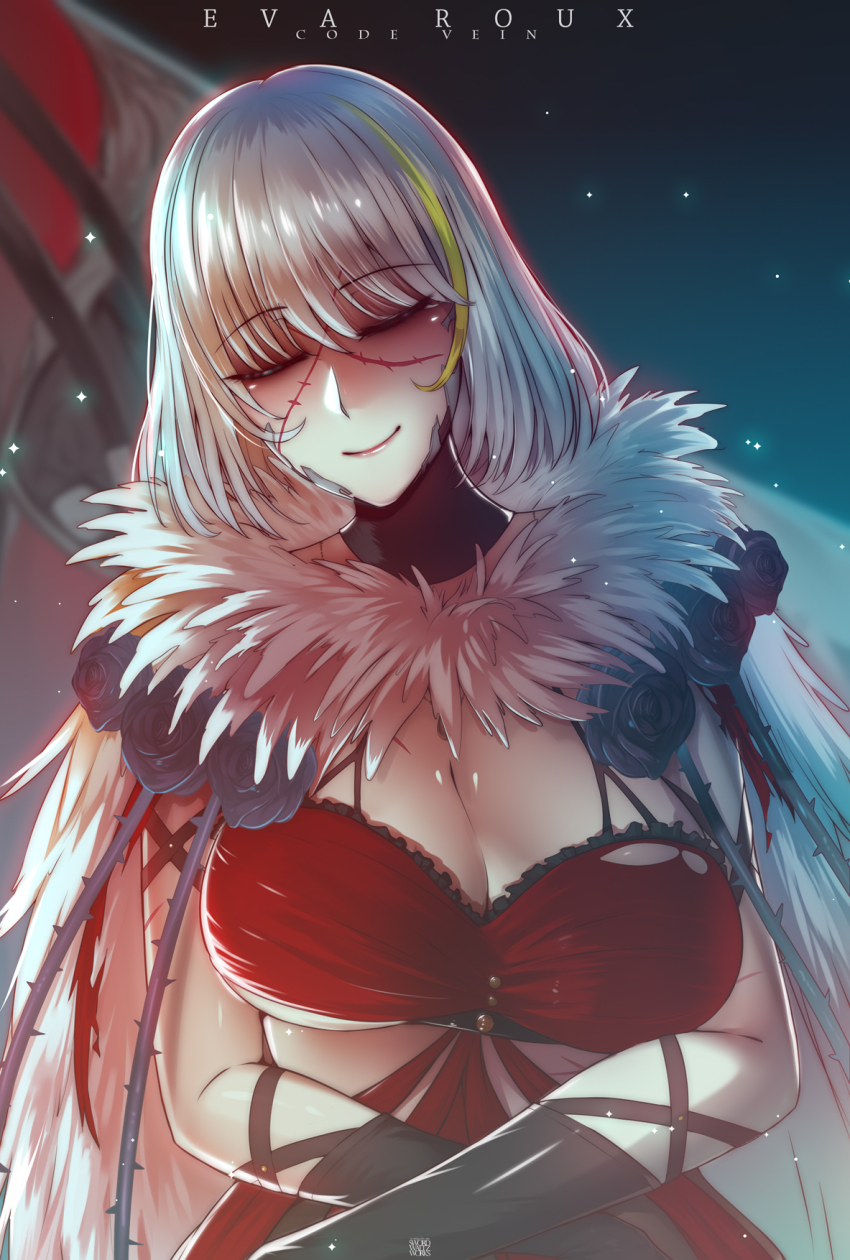 1girl black_flower black_gloves black_rose blonde_streaks breasts character_name cleavage closed_eyes code_vein commentary cross_scar dress english_commentary eva_roux flower gloves highres large_breasts multicolored_hair red_dress rose scar scar_on_arm scar_on_face short_hair sleeping solo streaked_hair swordwaltz swordwaltzworks torn_clothes torn_dress upper_body white_hair