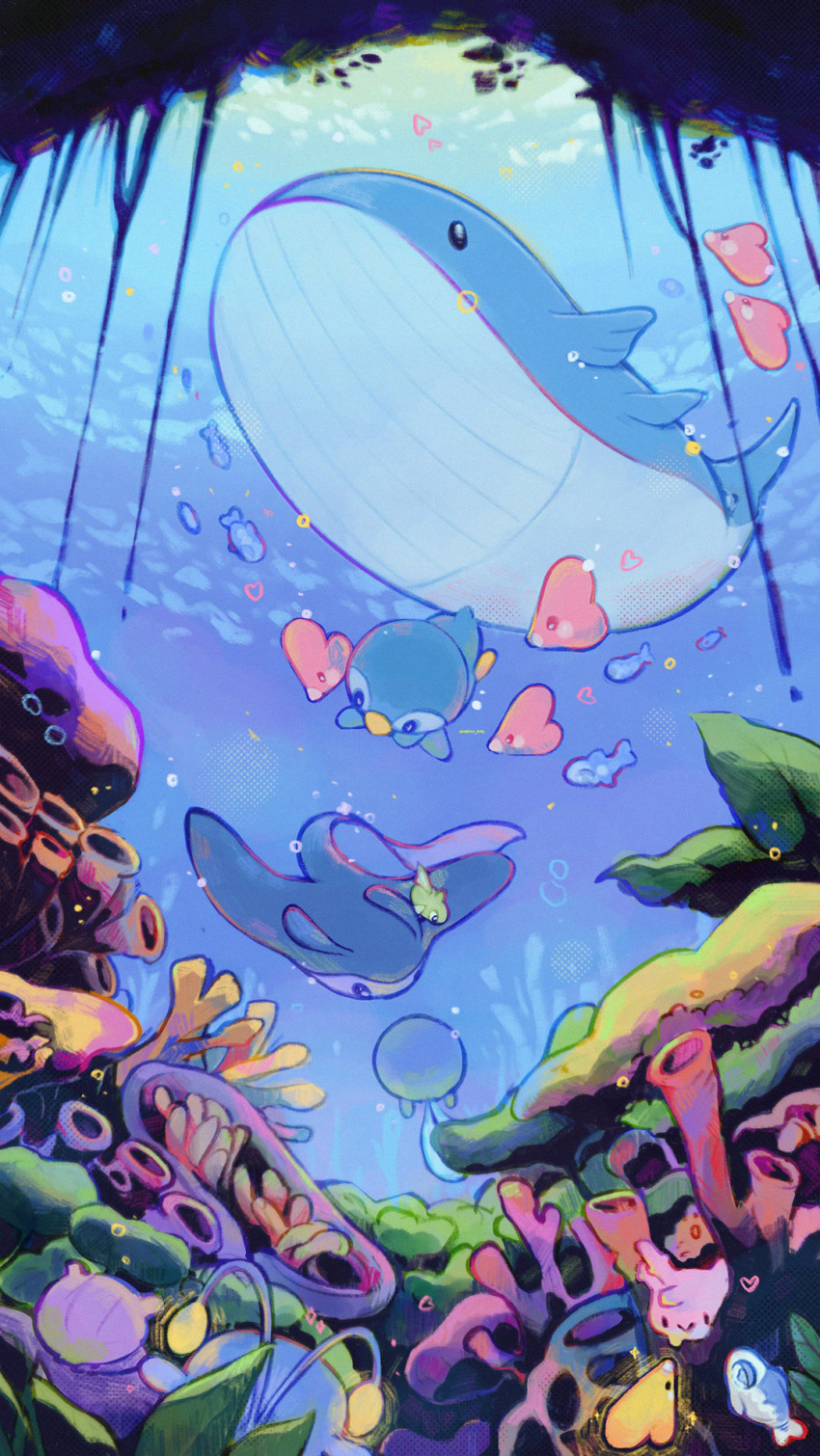 absolutely_everyone air_bubble alternate_color animal_focus antennae bubble chinchou colored_sclera commentary coral corsola cross-shaped_pupils everyone fish from_behind gen_1_pokemon gen_2_pokemon gen_3_pokemon gen_4_pokemon gen_7_pokemon highres luvdisc mantine nintendo no_humans piplup pokemon pokemon_(creature) poliwag procreate_(medium) remoraid riding riding_pokemon seaweed shellder shiny_pokemon sonshine-arts swimming symbol-shaped_pupils underwater wailord wishiwashi yellow_sclera