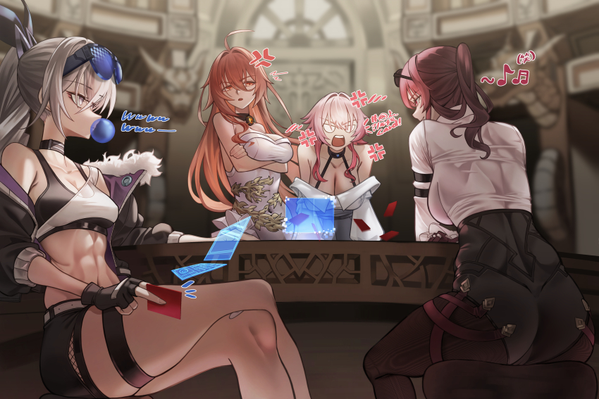 4girls absurdres ahoge anger_vein angry arms_under_breasts bare_shoulders black_bra black_gloves black_shorts blowing_bubble_gum blowing_bubbles blue-tinted_eyewear bra breasts card chewing_gum cleavage collared_shirt commentary_request commission crossed_arms crossed_legs dress eyewear_on_head fingerless_gloves fur-trimmed_jacket fur_trim gloves grey_eyes grey_hair hair_between_eyes hair_intakes highres himeko_(honkai:_star_rail) holding holding_card holographic_interface honkai:_star_rail honkai_(series) indoors jacket kafka_(honkai:_star_rail) large_breasts long_hair long_sleeves looking_at_another march_7th_(honkai:_star_rail) medium_breasts midriff multiple_girls musical_note open_mouth orange_eyes parted_lips pink_hair pixiv_commission ponytail purple_eyes purple_hair red_hair shirt shorts silver_wolf_(honkai:_star_rail) single-shoulder_shirt sitting sunglasses teeth tinted_eyewear toned toned_female underwear upper_teeth_only walnut_1477 white_dress white_shirt